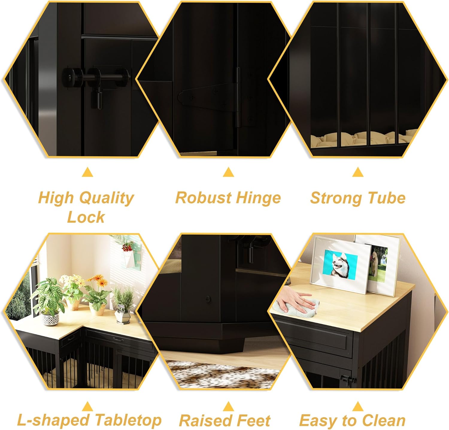 Large Corner Dog Crate Furniture for 2 Dogs, 51" Indoor Wooden Furniture Style Dog Kennel House with Double Rooms, Drawers & Divider for Large & Medium Dogs, Black