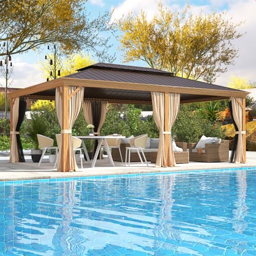 EROMMY 14'x20' Hardtop Gazebo Double Roof Galvanized Steel Canopy Outdoor Aluminum Frame Permanent Metal Pavilion with Netting and Curtains for Patio Backyard Deck and Lawns