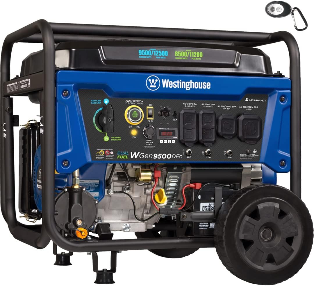 Westinghouse Outdoor Power Equipment WGen9500DF Dual Fuel Portable Generator 9500 Rated and 12500 Peak Watts Gas or Propane Powered, Electric Start, Transfer Switch & RV Ready CARB Compliant