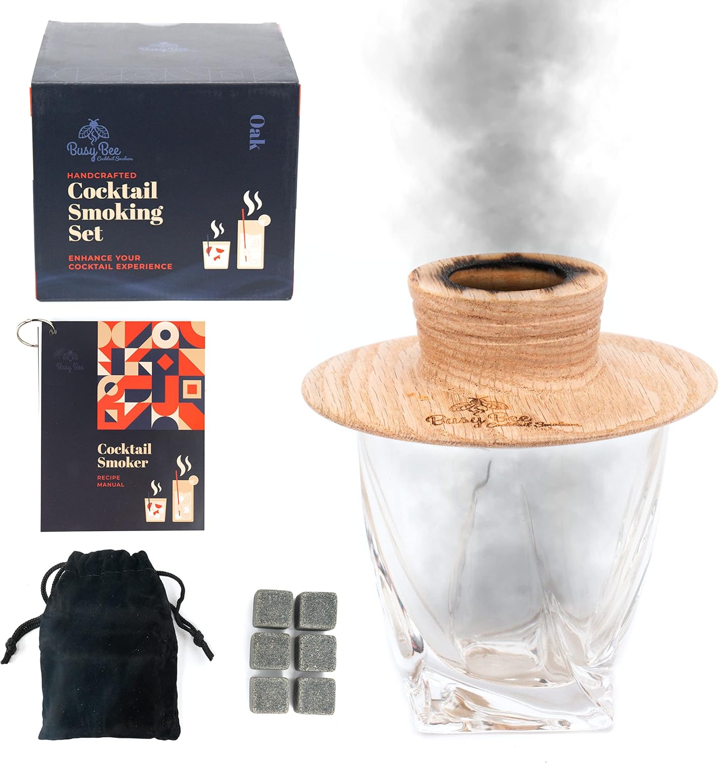 Busy Bee Oak Cocktail Smoker Mixology Bartender Kit – Luxury Cocktail Set with Cocktail Smoker, Torch, Whisky Glass & Whiskey Stone – Premium Bar Sets for The Home with Aromatic Woods Pack of 2