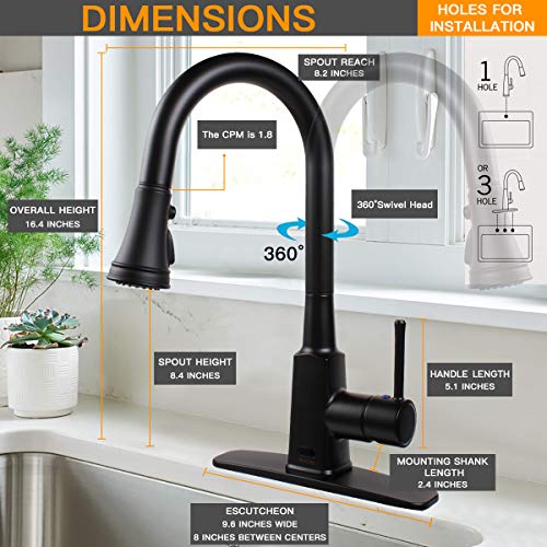 Touchless Kitchen Faucet,Soosi Motion Sensor Single Handle Automatic Kitchen Faucets One/3 Hole 3-Function Kitchen Faucets with Pull Down Sprayer Spot Free Polished Chrome Solid Brass Stainless Steel