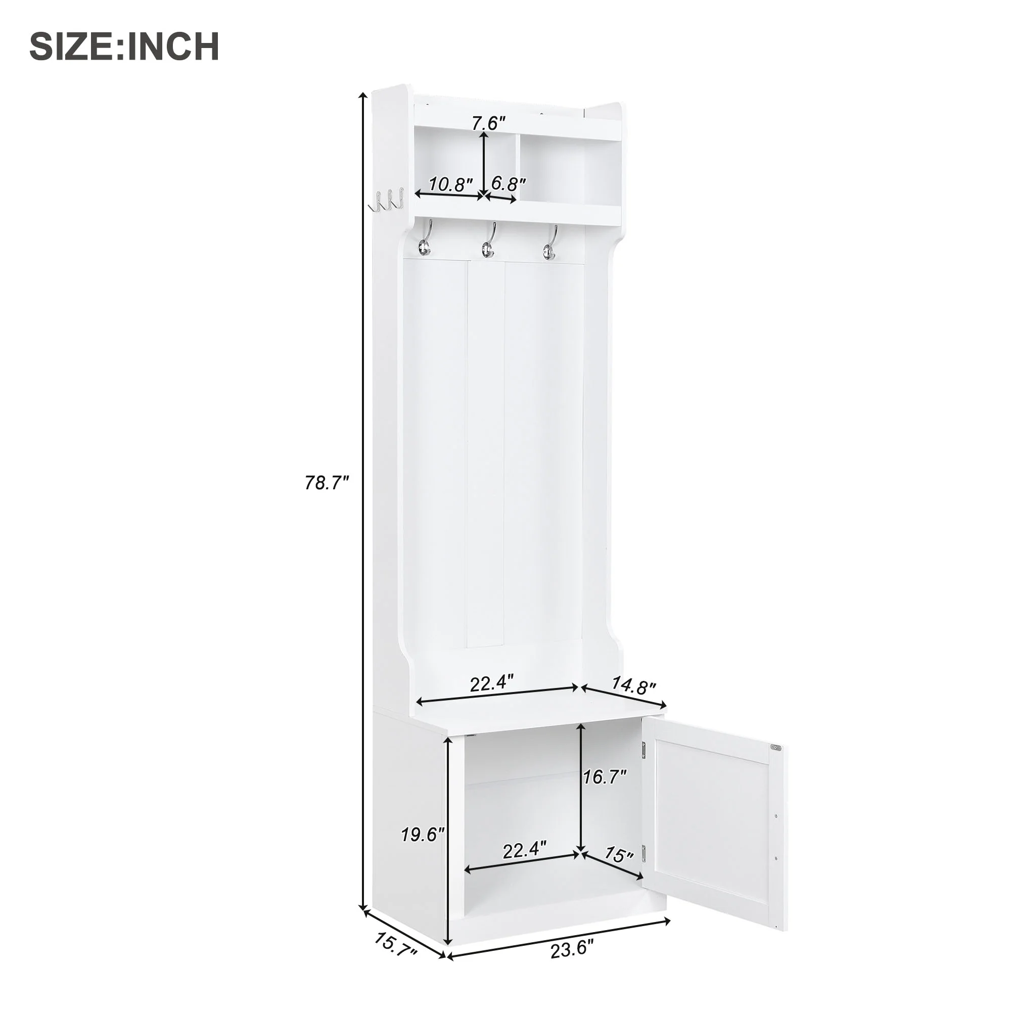 CoSoTower Minimalist Slim Hall Tree with Cabinet & 6 Hanging Hooks, Multi-Functional Storage Bench with Coat Rack, Elegant Foyer Cabinet for Hallway, Living Room, White