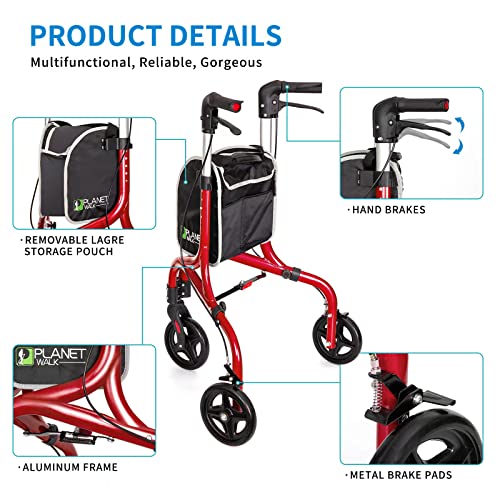 Planetwalk Premium 3 Wheel Rollator Walker for Seniors - Ultra Lightweight Foldable Walker for Elderly, Aluminum Three Wheel Mobility Aid, Brilliant Blue