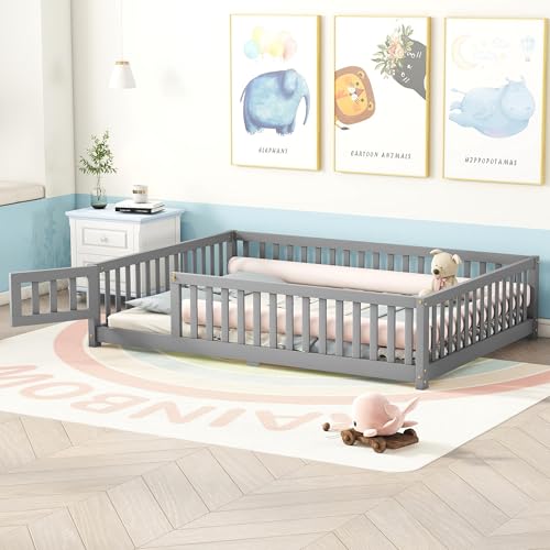 Full Size Montessori Floor Bed with Safety Fence and Door, Solid Wooden Kid Toddler Bedframe, Floor-Bed-Frame for Children Bedroom, Boys Girls, Kids Playroom, Gray