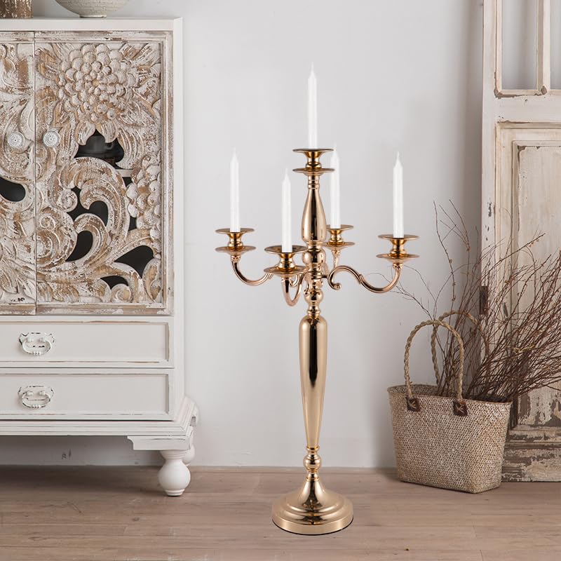 Vincidern 4Pcs 5 Arm Candelabra, Gold Taper Candle Holder for Wedding Table Centerpieces, Christmas Valentine's Day Decorative Metal Candlestick Holder (28 Inch Tall)