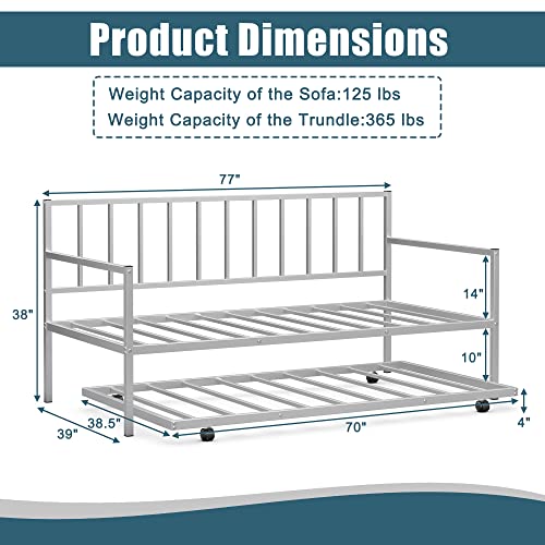 Giantex Twin Daybed with Trundle, Metal Twin Size Daybed with Pullout Trundle w/ 4 Casters, Metal Slat Support Sofa Bed for Kids Teens Adults Living Room, Guest Room, No Box Spring Needed, Silver