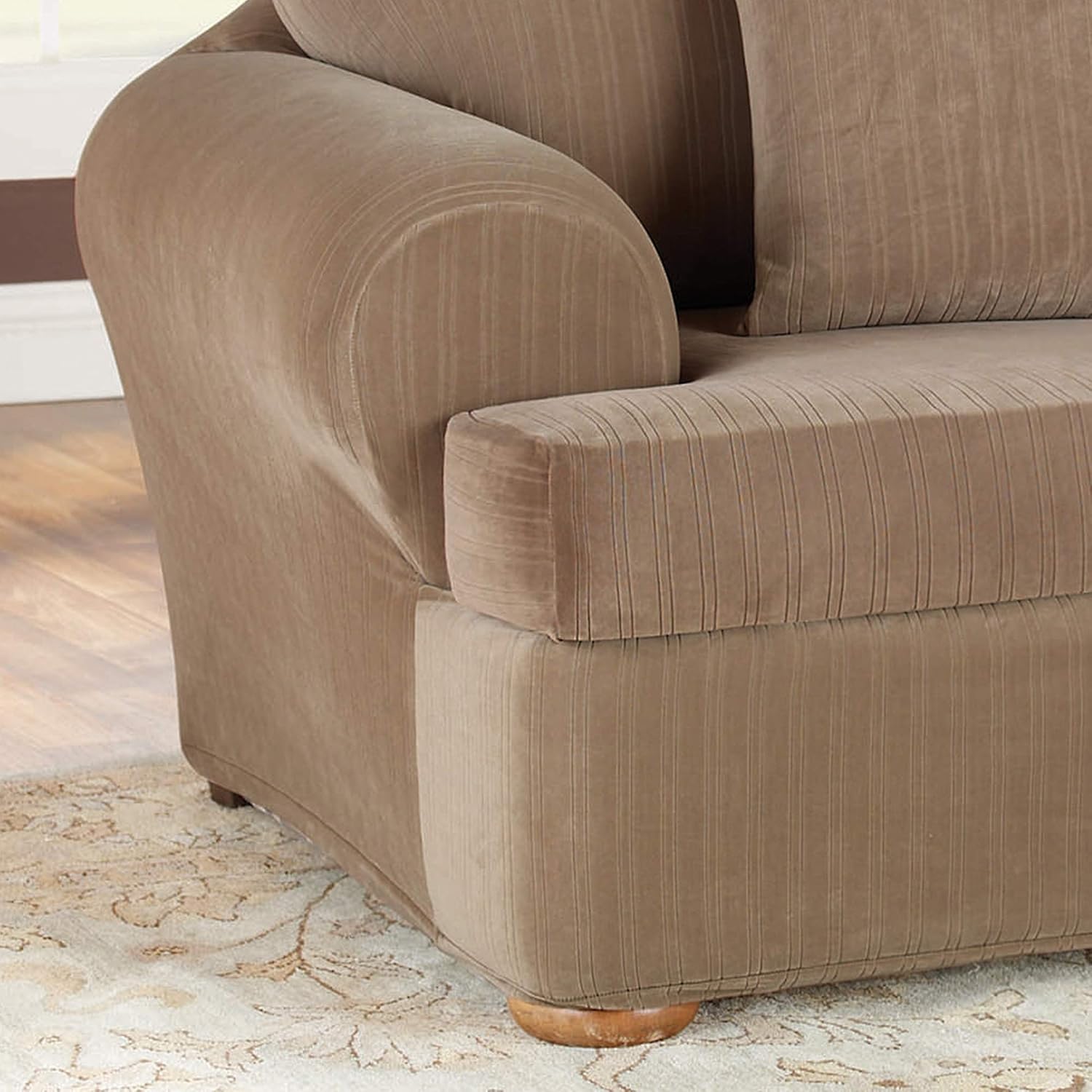 SureFit Stretch Pinstripe T-Cushion Chair Cover, Form Fit, Polyester/Spandex, Machine Washable, Taupe Color