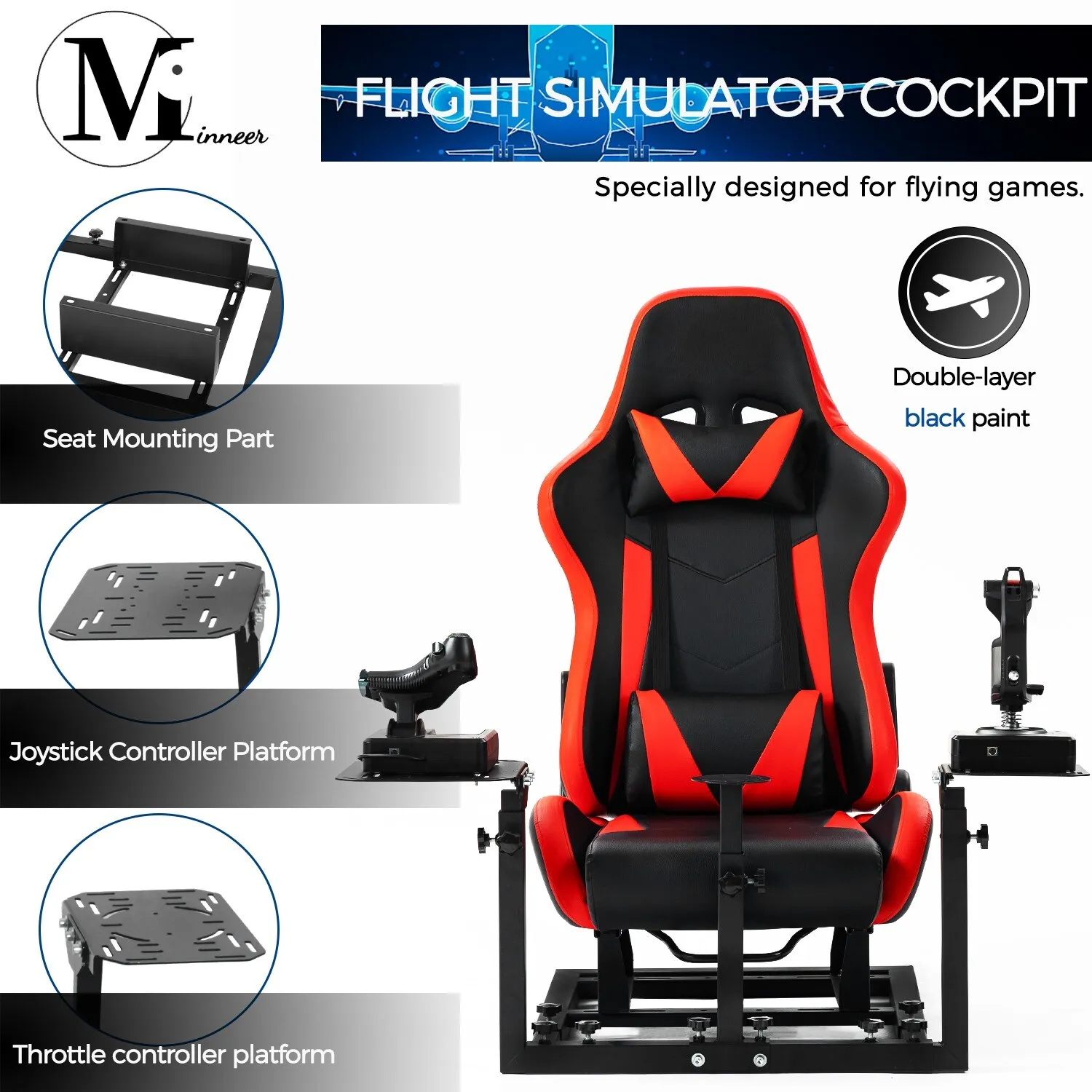 Minneer Flight Simulator Cockpit with Red Seat Fit for Logitech X52/X52pro/X56,Thrustermaster Hotas Warthog Compatible with Xbox One PS4 PC Platforms