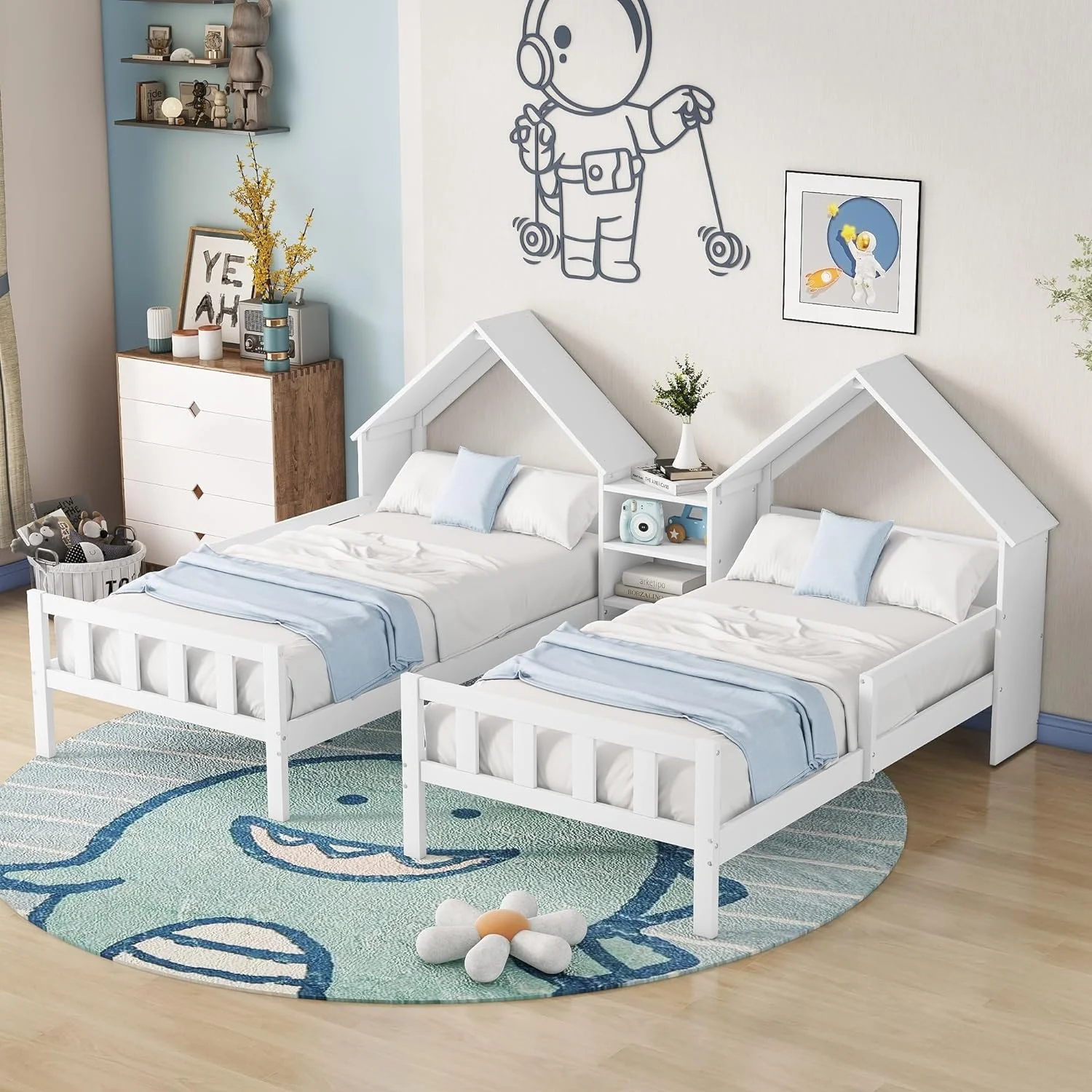 Double Bed Frames For Kids,Wood Double House Bed With House-Shaped Headboard And A Built-In Nightstand, Side By Side Montessori Bed For Kids Girls Boys,White
