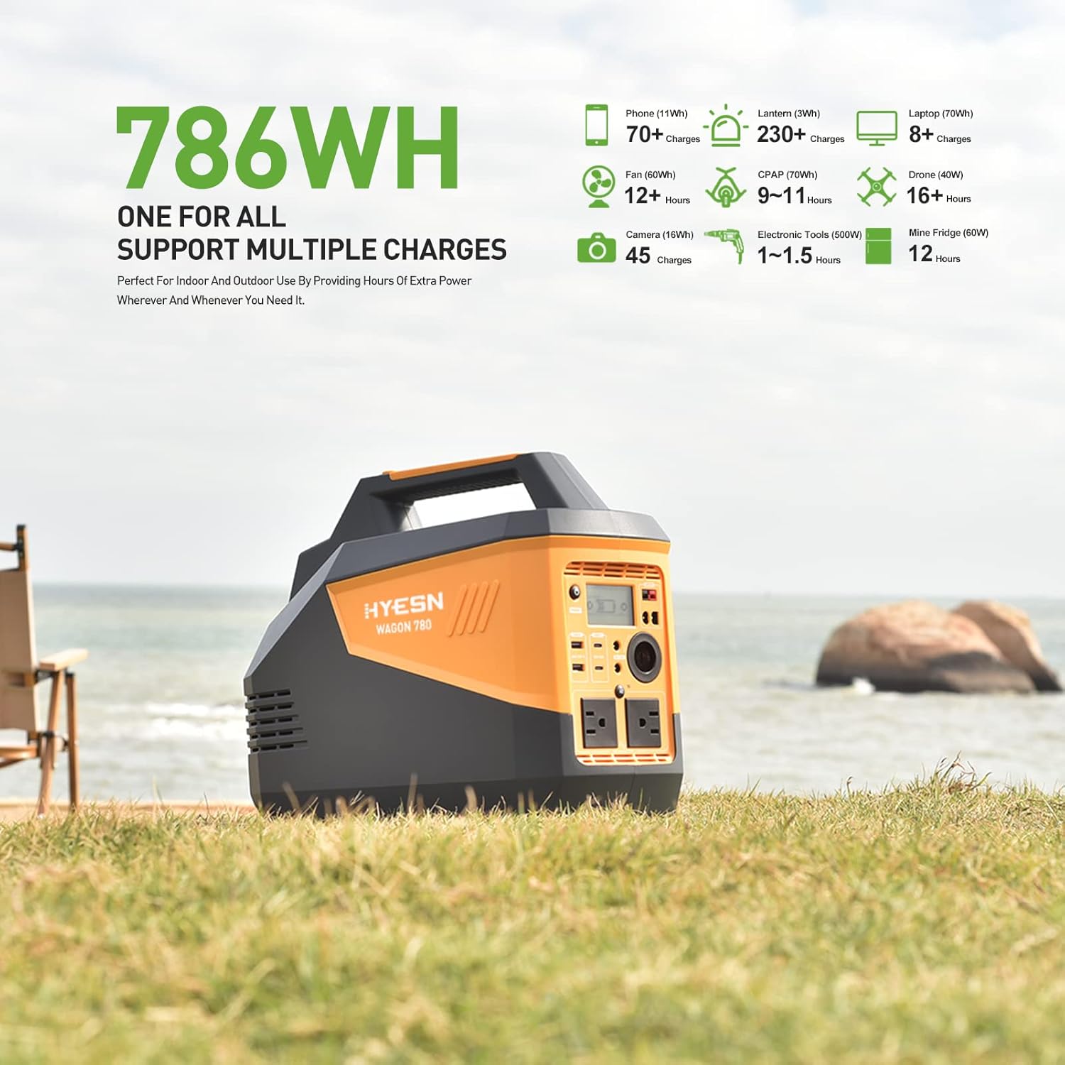 HYESN Portable Power Station 500W Outdoor Solar Generators 618Wh Backup Lithium Battery Power Multiple Devices, Peak 2500W Pure Sine Wave 110V AC Outlet for CPAP Camping Adventure Emergency
