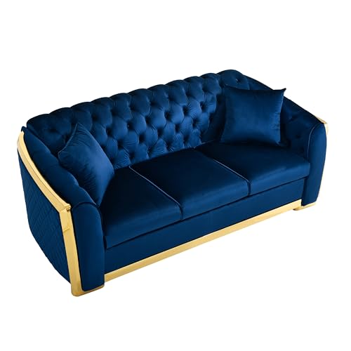 WILLIAMSPACE 81.1" Tufted Velvet Sofa Couch for Living Room, 3 Seater Button Sofa with Stainless Steel Gold Plating Decoration, Comfy Soft Upholstered Couch with 2 Pillows - Blue