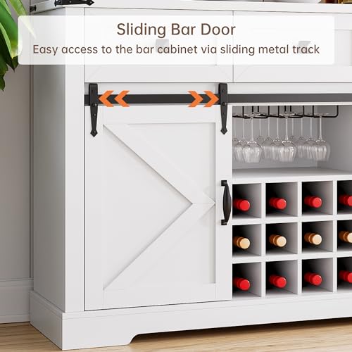 IDEALHOUSE Buffet Cabinet with Storage, 54" Farmhouse Coffee Bar Cabinet with 3 Drawers & Sliding Barn Door, Wine Cabinet with Wine and Glass Rack for Kitchen, Dining Room, White