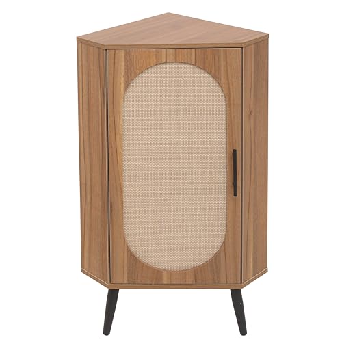 Boho Corner Storage Cabinet,Freestanding Bookcase with Rattan Doors & Adjustable Shelves, Corner Shelf Stand for Living Room, Bathroom, Bedroom,Natural