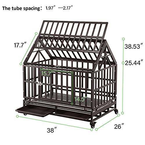PUPZO Dog Cage Crate Kennel Heavy Duty Tear Resistant Square Tube with Four Wheels for Large Dogs Easy to Install (38 inch roof, Brown)