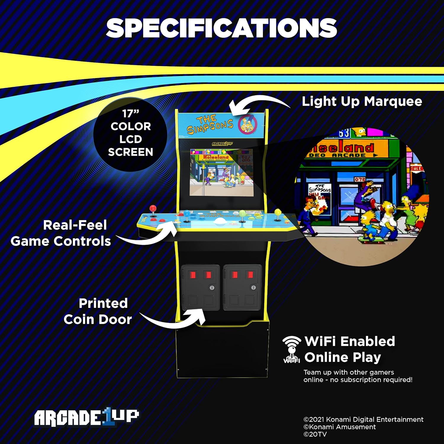 Arcade1Up The Simpsons Arcade Machine, 4-Foot — 4 Player Arcade Game Machine for Home, Live WiFi Enabled — Includes Custom Arcade Game Riser, Adjustable Stool, Light-Up Marquee, and Tin Wall Sign