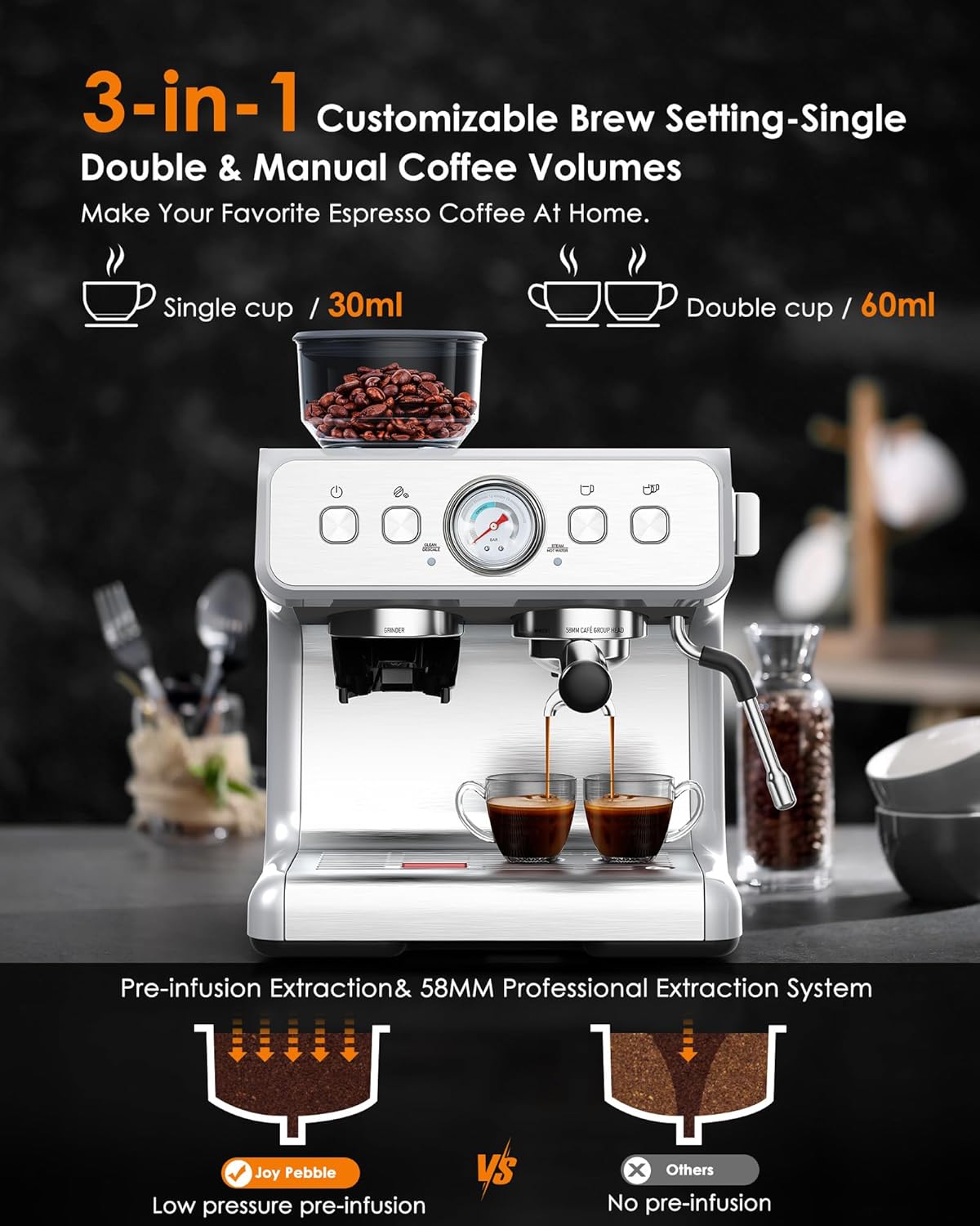 Joy Pebble Espresso Machine,15 Bar Professional Espresso Maker with Coffee Bean Grinder Milk Frother,Coffee Machine for Espresso/Cappuccino/Latte,Single & Double Cup,Stainless Steel