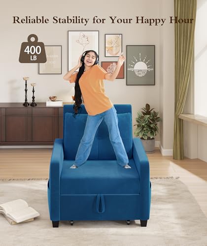 Sleeper Sofa Chair, 3 in 1 Convertible Sleeper Chair with Adjustable Backrest, 32" Pull Out Couch Bed 400lbs Support, Comfy Velvet Small Sofa Bed for Small Space with Pillow & 2 Pockets, Blue
