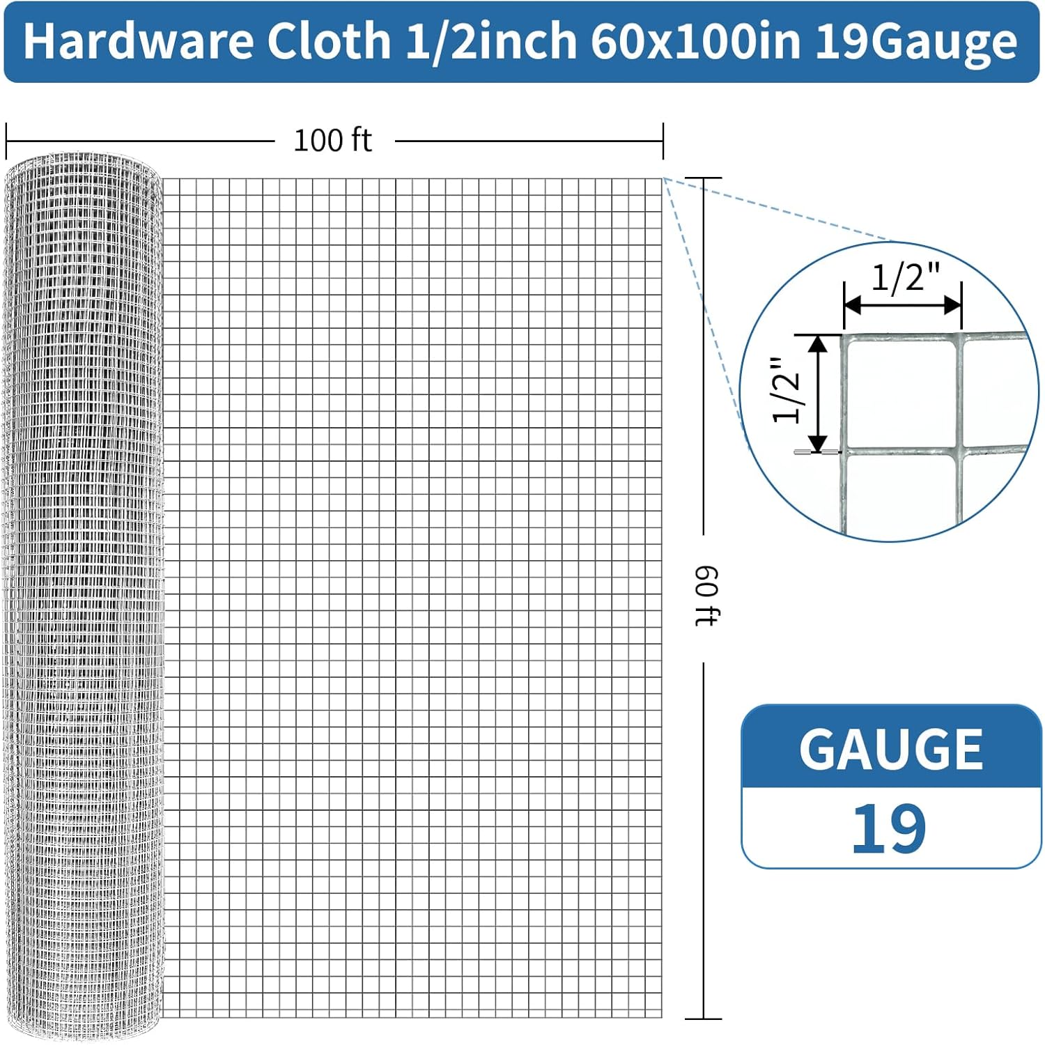 60in x 100ft Hardware Cloth 23Gauge Home Garden Rabbit Cage, 60" x 100' 1/2inch, Silver Mesh Roll Galvanized After Welding