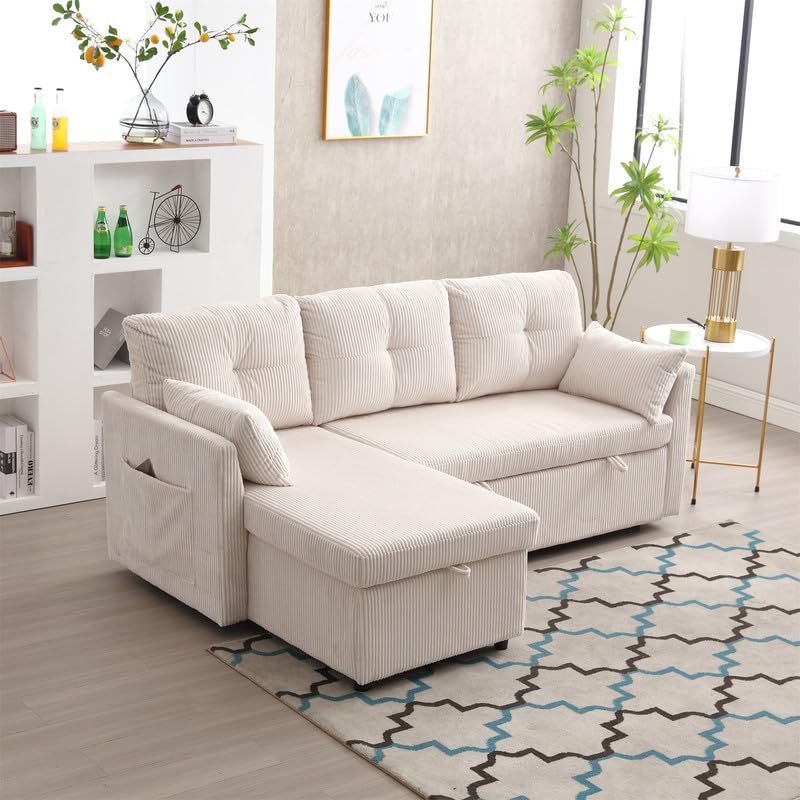 Couches for Living Room, Convertible Sectional Sofa Couch L Shaped Couch with Reversible Chaise & 2 Pillows, Built-in Side Pocket & Handle, 3-seat Modular Sectional Sofa for Small Space, Orange