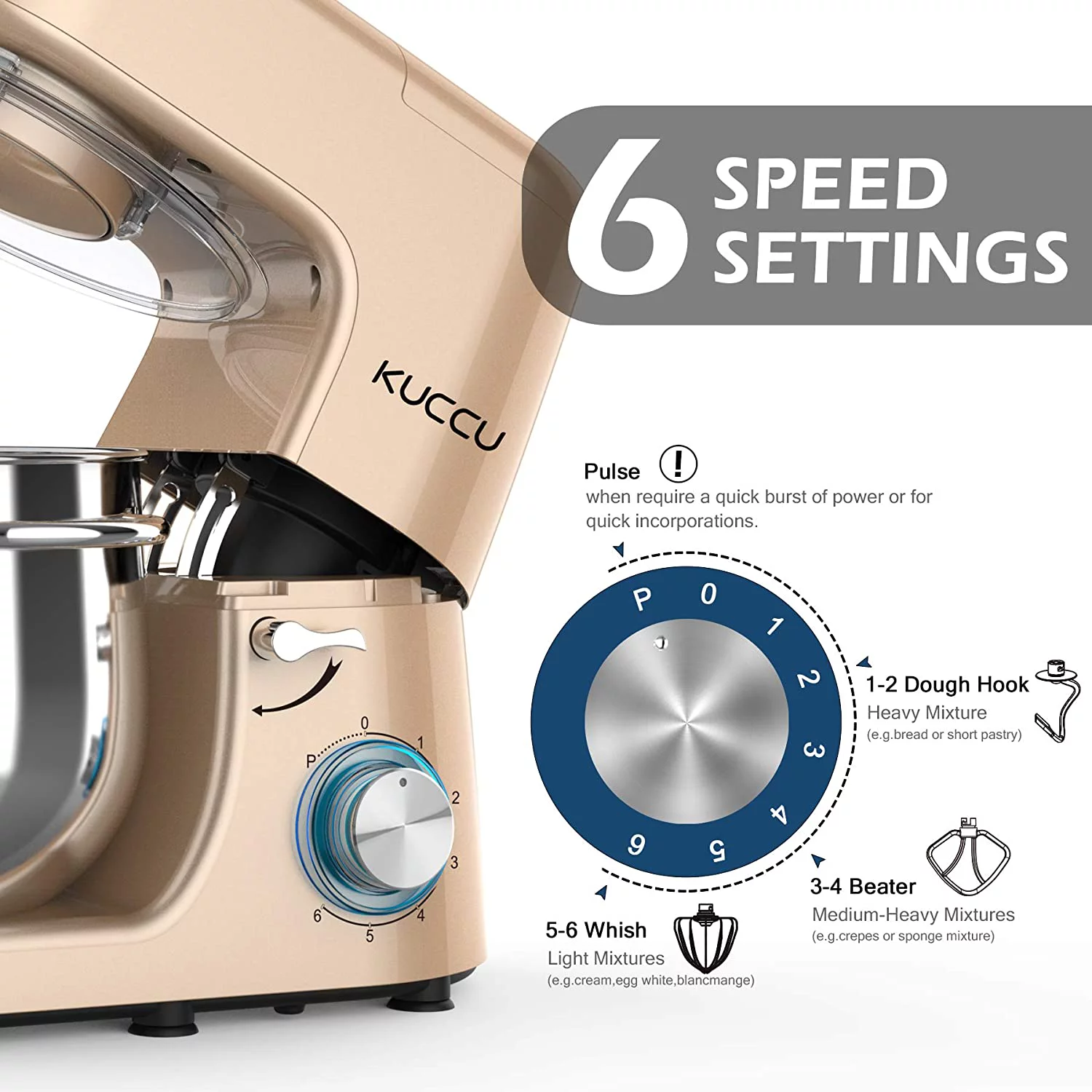 Kuccu Stand Mixer, 8.5 Qt 660W, 6-Speed Tilt-Head Food Dough Mixer, Electric Kitchen Mixer with Dough Hook, Flat Beater & Wire Whisk, Mixing Bowl (8.5-QT, Gold)