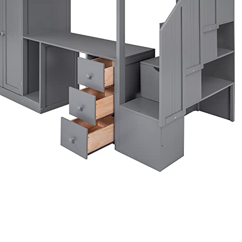 Harper & Bright Designs Twin Size Loft Bed with Desk and Stairs, Solid Wood Loft Bed Frame with Storage and Slat Support, for Kids Teens Adults (Espresso)