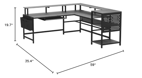 SEDETA L Shaped Gaming Desk, Reversible Computer Desk, Gaming Desk with Power Outlets & LED Strip, Monitor Shelf, Keyboard Tray, Pegboard and Storage Shelves for Home Office, Black