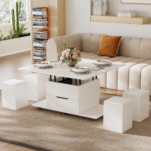 homary Black Lift-Top Coffee Table with Hidden Storage, 3-in-1 Modern Folding Center Table with 4 Stools, Casters, and Lockable Wheels – Convertible Dining & Office Table for Living Room