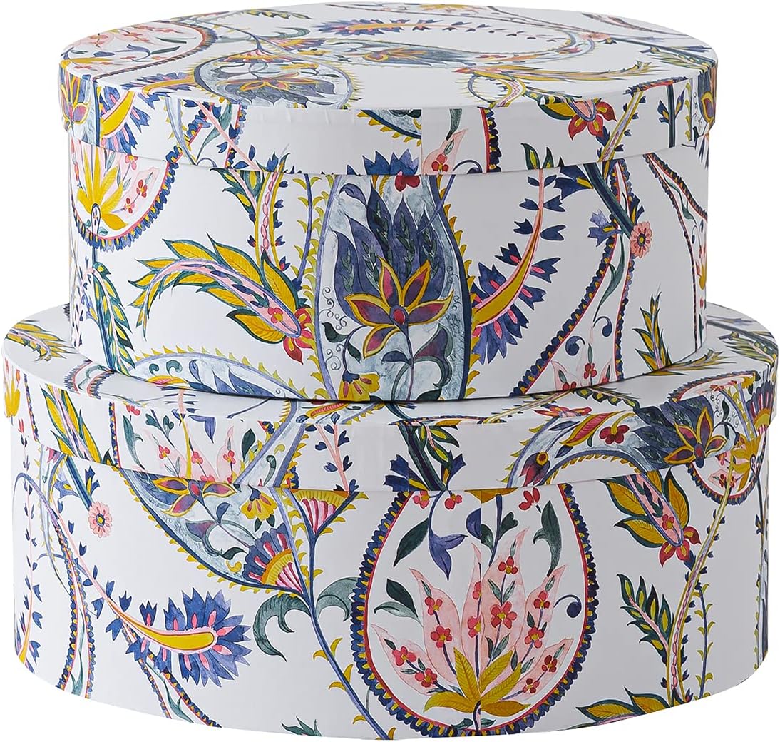 Soul & Lane Sturdy Decorative Round Cardboard Boxes with Lids for Home Decor | Paisley Charm - Set 2| Paperboard Storage Boxes for Gifts Pack of 2