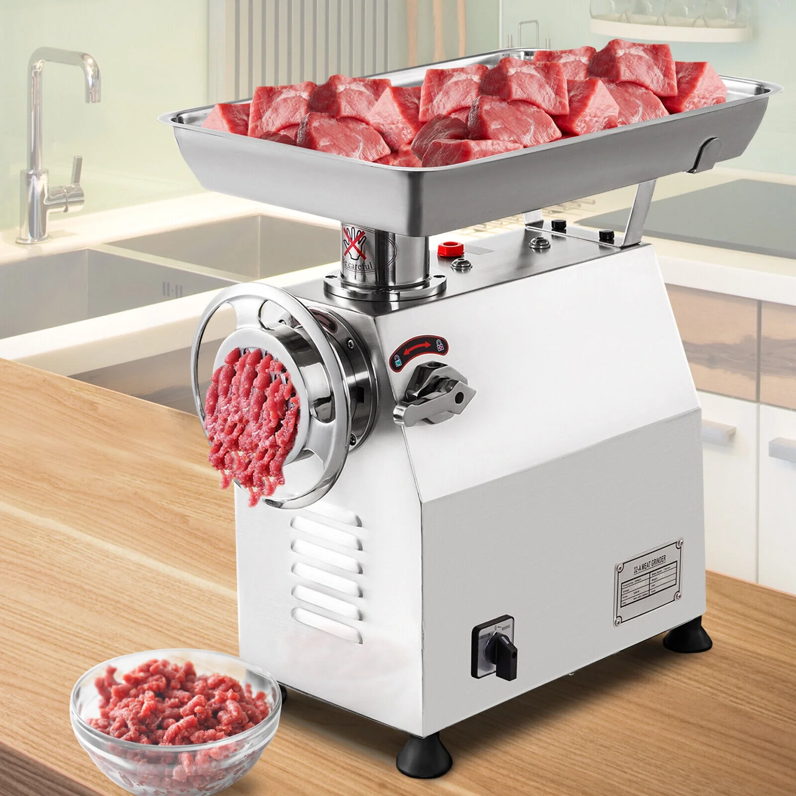 VEVORbrand Commercial Electric Meat Grinder 770lbs/h,Electric Sausage Maker 2200W,Stainless Steel With 2 Grinding Heads & 2 Blades For Restaurants,Supermarkets,Silver