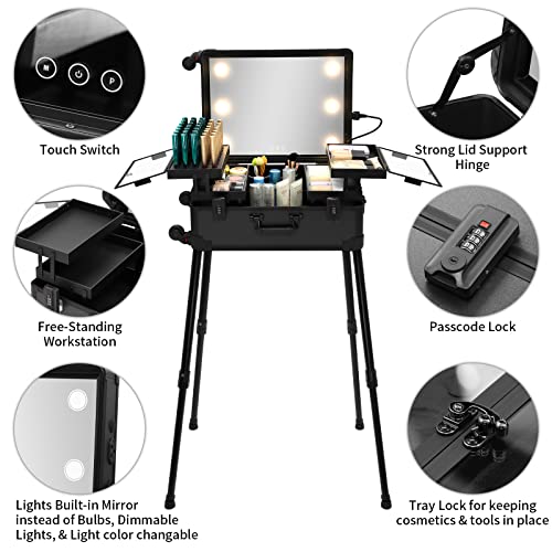 Large Makeup Train Case with Speaker & Code Lock & Full Screen Lighted Mirror & 3 Light Colors Lighted Rolling Cosmetic Organizer, Professional Artist Trolley Studio Free Standing