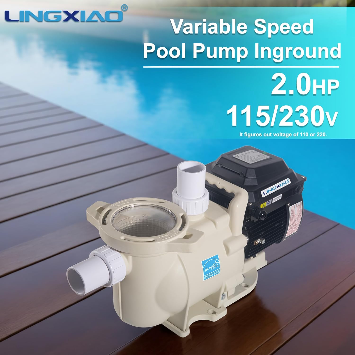 LINGXIAO Variable Speed Pool Pump Inground 2HP with Filter Basket - 115V/208-230V Variable Speed Pump, Low Noise & Energy Star Certified, 1.5" or 2" Fit Includes