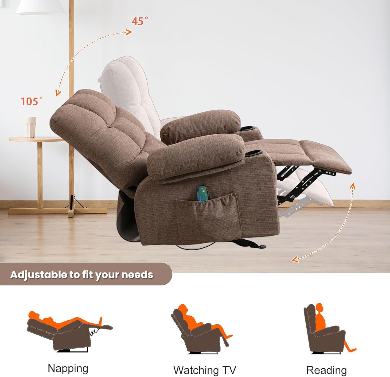 Boy Lazy Recliner Chair for Adults & Elderly with 8 Points Power Massage & Lumbar Heated - Modern Adjustable Manual Fabric Recliner Sofa with Lay Flat 150° 2 Cup Holders Side Pockets,Brown