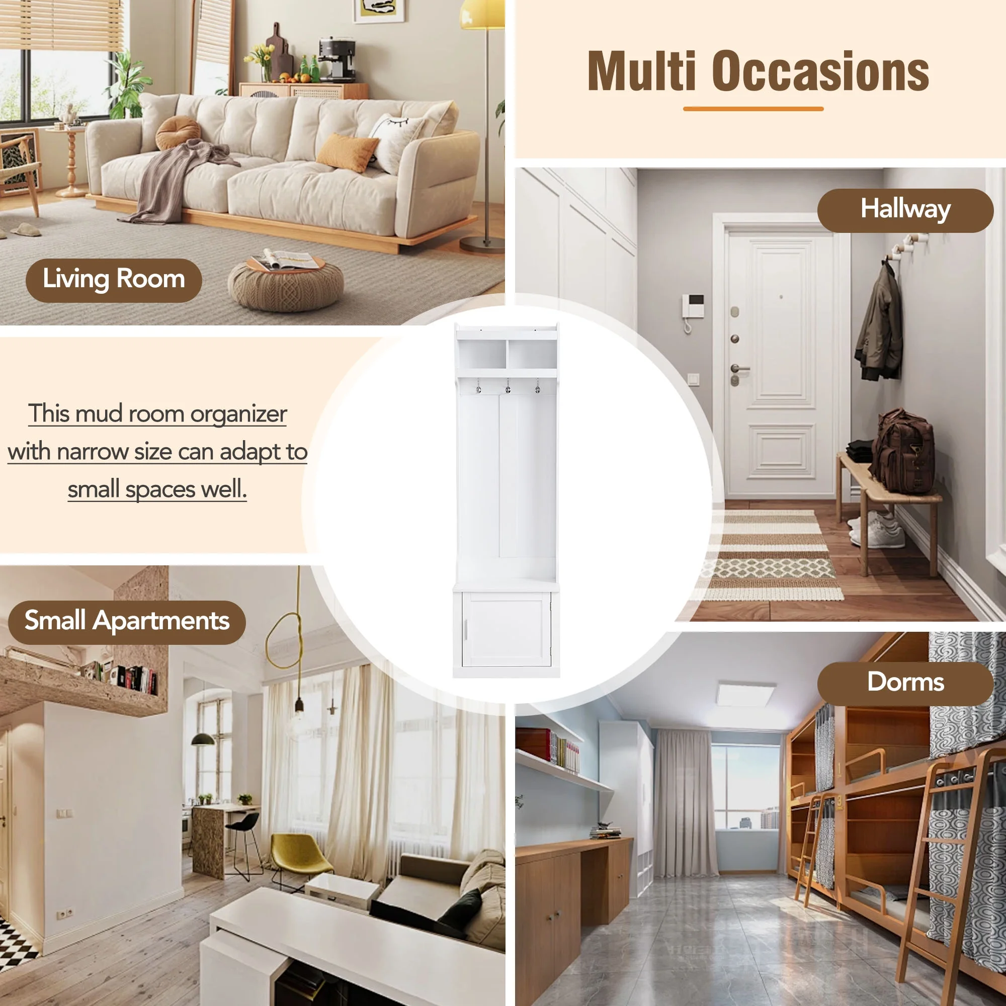 CoSoTower Minimalist Slim Hall Tree with Cabinet & 6 Hanging Hooks, Multi-Functional Storage Bench with Coat Rack, Elegant Foyer Cabinet for Hallway, Living Room, White