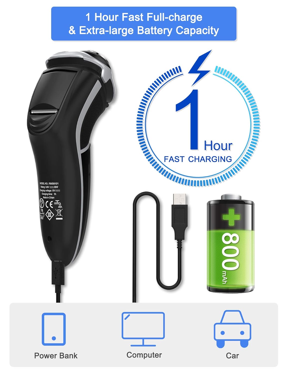 MAX-T Men's Electric Shaver - Corded and Cordless Rechargeable 3D Rotary Shaver Razor for Men with Pop-up Sideburn Trimmer Wet and Dry Painless 100-240V Black Pack of 2