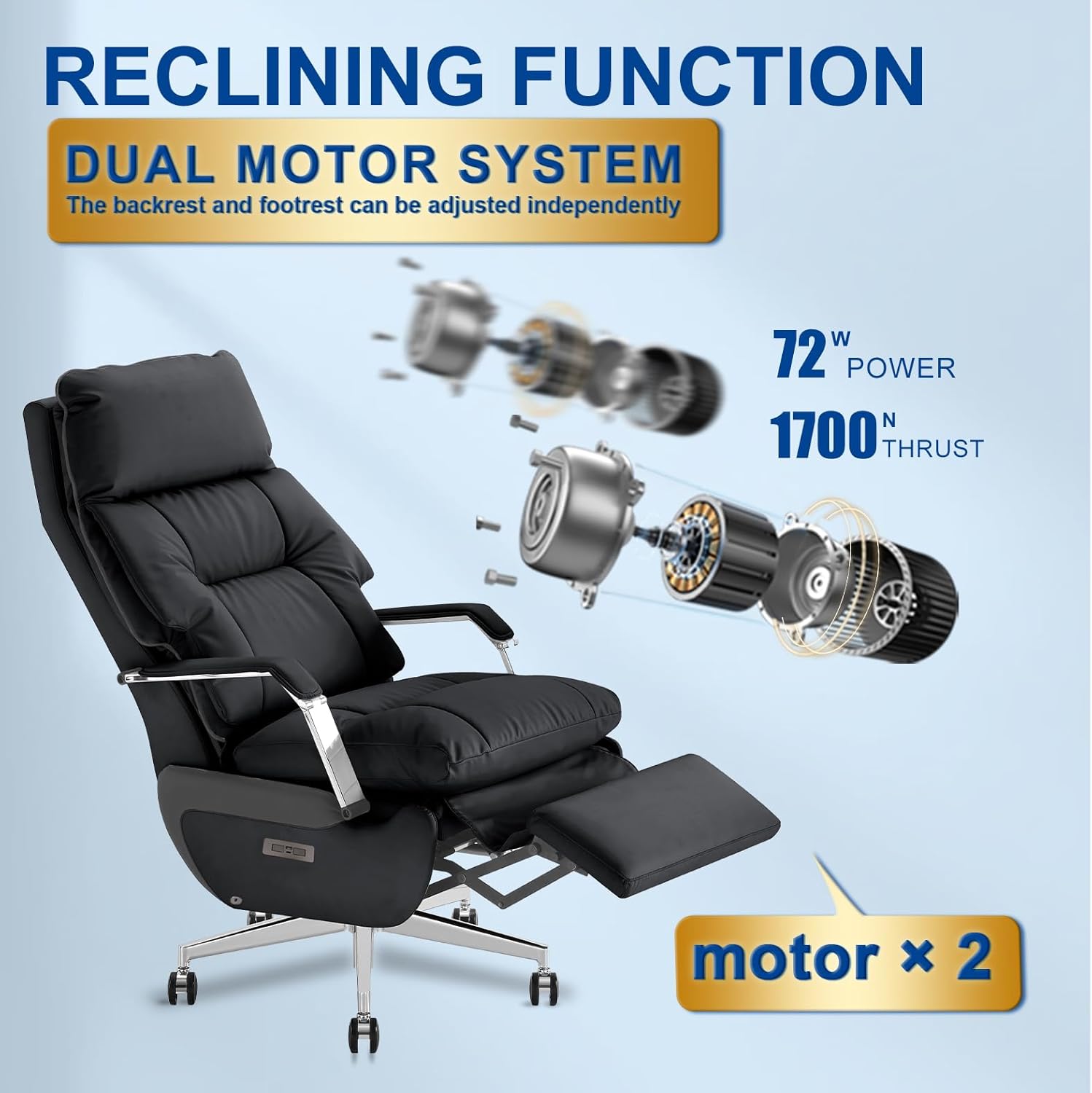 Dual-Motor Executive Office Chair with Footrest Independent Electric Reclining Big and Tall Office Swivel Desk Chair, Ergonomic Chair High Back Large Comfor Home Office Leather Computer Chair (Black)