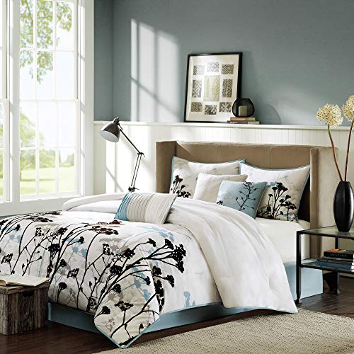 Madison Park Quincy Cozy Comforter Nature Scenery Design - All Season Bedding, Matching Bed Skirt, Decorative Pillows, Quincy, Leaf & Bird Khaki King(104"x92") 7 Piece