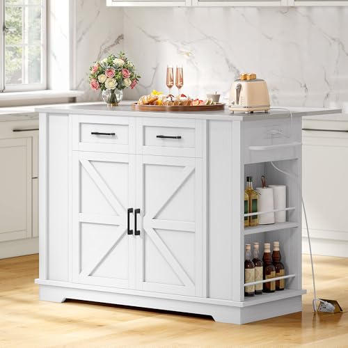 YITAHOME Kitchen Island with Stainless Steel Top & Drop Leaf, 47 Inch Kitchen Island on Wheels with Power Outlet, Rolling Portable Mobile Kitchen Cart w Storage Drawer Cabinet Counter Metal Top, White