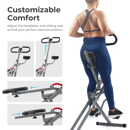 Sunny Health & Fitness Row-N-Ride PRO, Full Body Combo Squat Machine w/Optional Resistance Band, Easy Setup Ab Workout Exercise Equipment for Home, Whole Body Cardio, Optional SunnyFit App Connection
