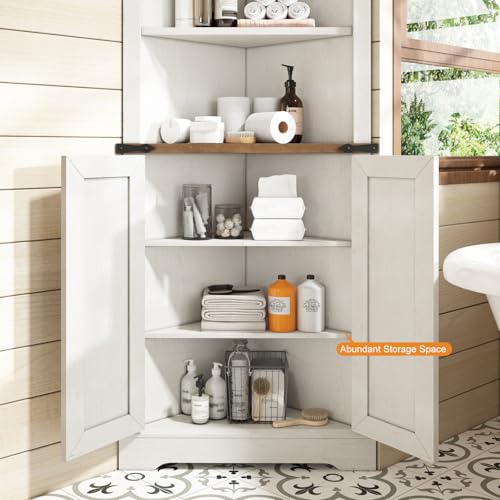 AMERLIFE 68" Tall Corner Cabinet, Farmhouse Corner Cabinet with Barn Door Design,Wall Corner Cabinet with Adjustable Shelves for Bathroom, Living Room,Antique White & Barnwood