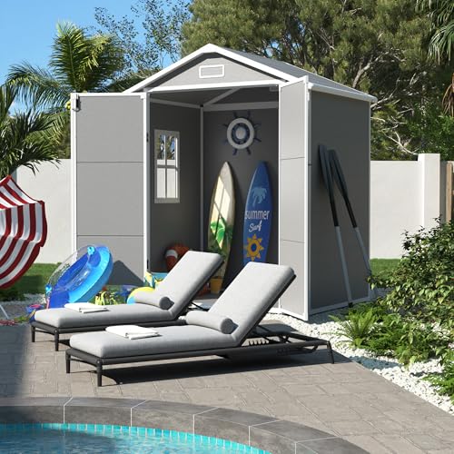 UDPATIO Outdoor Resin Storage Shed 6x4.5 FT, Plastic Garden Shed for Bike, Garbage Can, Tool, Outside Sheds with Lockable Door for Backyard, Patio, Lawn, Grey & White