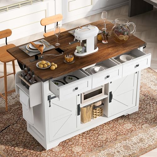54.5" Farmhouse Kitchen Island with Drop Leaf,Storage Cabinet Island on Wheel,Rolling Home Cart Breakfast Bar Table with Power Outlet, 3 Drawer, Spice Rack
