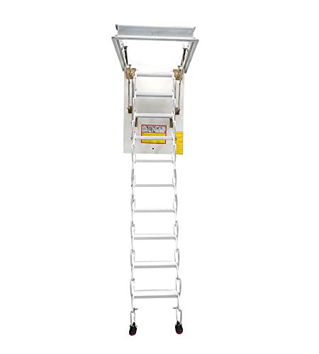 TECHTONGDA Ceiling Attic Loft Ladder, Folding Ladder Loft Stair, 13 Steps Retractable Attic Ladder, White Pulldown Attic Stairs with 27.5 x 47.2in Open Size and 10.5ft Heigh, Pulling Down from Ceiling