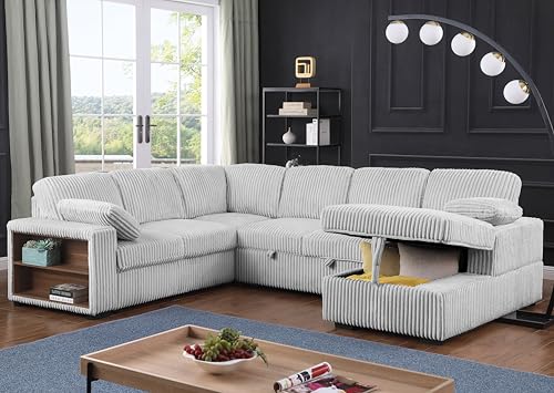 Oversized U-Shaped Sectional Sofa Couch Plush Corduroy Upholstered Modular Deep Seat Sofa&Couch Sectional W/Right Facing Chaise Lounge and 7 Toss Pillows for Home Apartment Living Room Furniture Sets