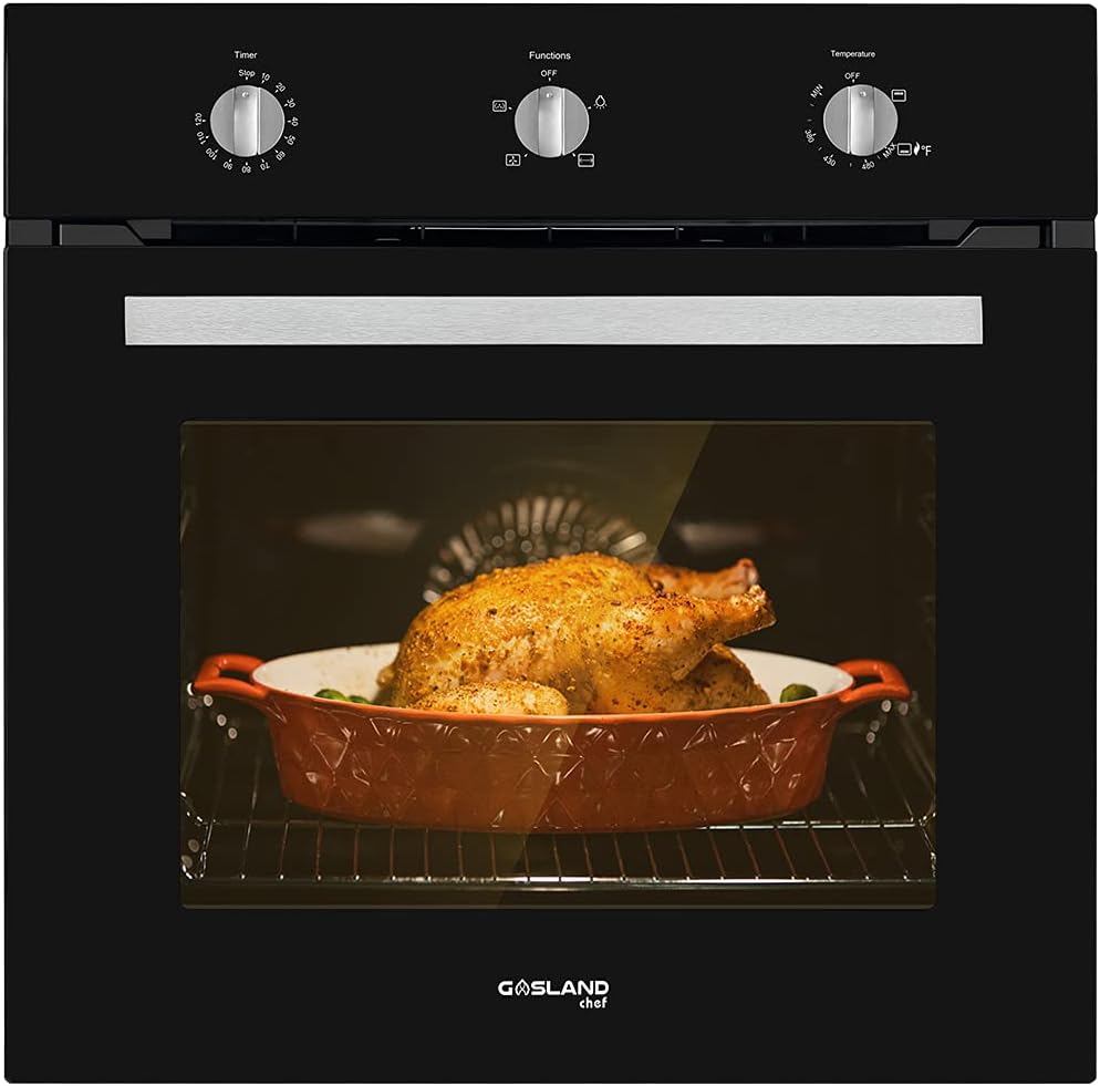 Single Gas Wall Oven, GASLAND Chef GS606MBN 24 Built-in Natural Gas Oven, 6 Cooking Functions Convection Wall Oven with Rotisserie, Mechanical Knobs Control, 120V Electric Ignition, Black Glass