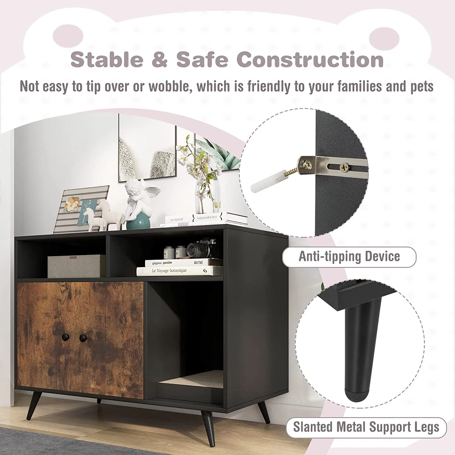 Cat Litter Box Enclosure, Hidden Cat Washroom Furniture with Double Door Cabinet, Compartments & Cat Scratch Pad, Pet House Side Table for Indoor Cats, Litter Box Furniture (Rustic Brown)