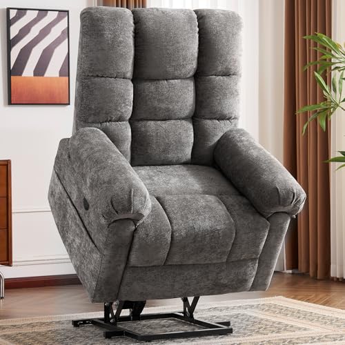 Oversized Power Lift Recliner Chair for Elderly, Extra Wide Lift Chair with Masssage and Heat, Chenille Electric Recliner Chairs for Big and Tall, USB Ports, Coffee