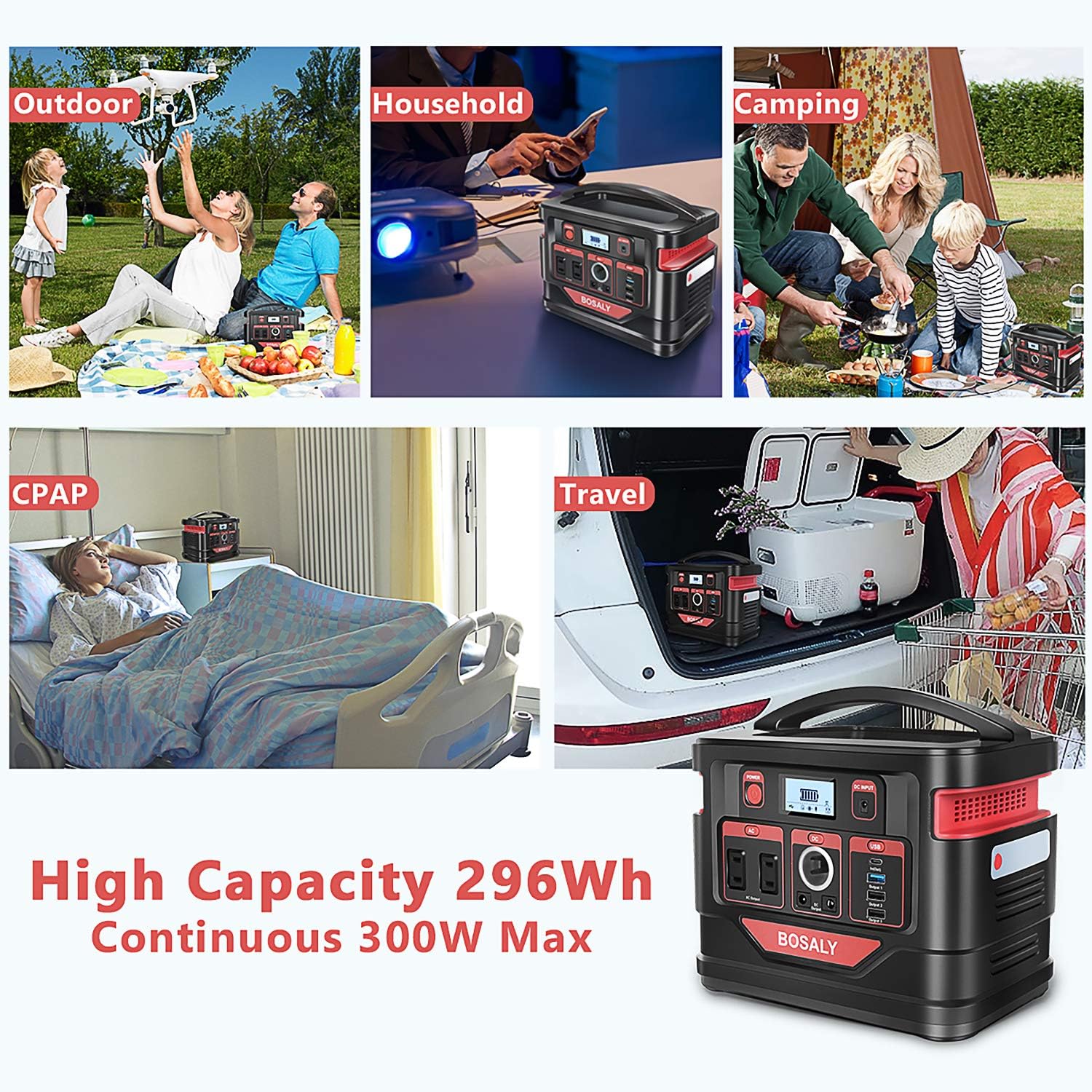 BOSALY Portable Power Station, 296Wh CPAP Fast Charger Lithium Backup Battery Pack 110V 300W Solar Generator?Pure Sine Wave AC Outlet USB DC?Supply for Outdoors Camping Travel Hunting Emergency