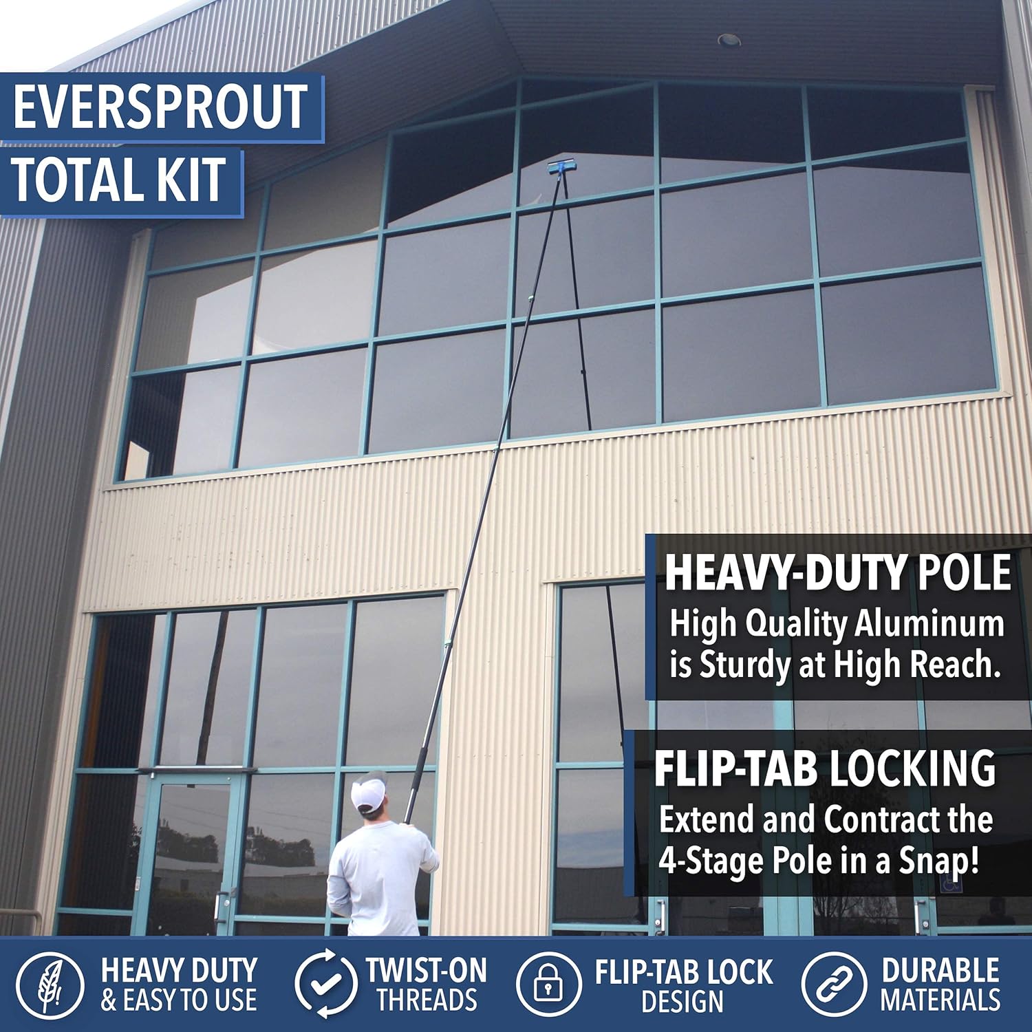 EVERSPROUT 7-to-20 Foot Extension Pole Total Kit (25+ Ft Reach) | Telescopic Pole, Scrub Brush, Light Bulb Changer, Hook, Swivel Squeegee, 3x Microfiber Dusters (Cobweb, Flexible Ceiling Fan, Feather)