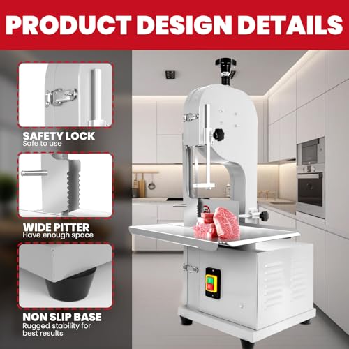 1500w Electric Meat Bone Saw, Stainless Steel Tabletop Meat Bandsaw for Butchering, Cutting Thickness 0.8-7.1 Inches, Commercial Frozen Meat Cutting Machine with 6 Blades, Workbeach 19.3 "x 15.35"