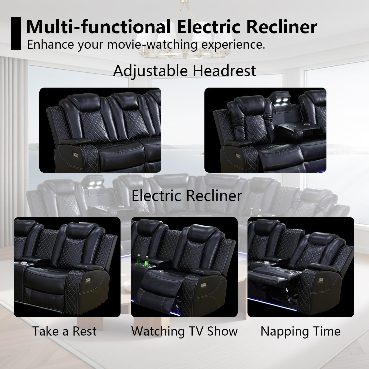 Black Leather Power Reclining Sectional Sofa，Sectional Couch with Recliner Living Room Set with LED Light/Read Light/Storage Console/USB Port/Wireless Charge/Home Theater Seat